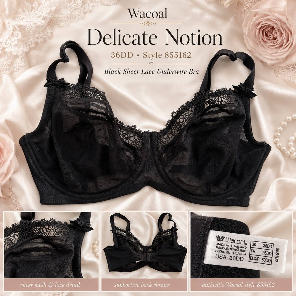 Wacoal Delicate Notion 855162 Bra 36DD Black Sheer Lace Underwire